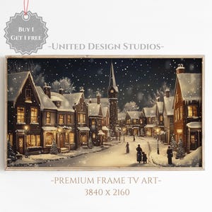 Christmas Winter Village Frame Tv Art, Winter Night Frame Tv Art, Neutral Holiday Winter Town Landscape Painting, Christmas Frame Tv Art