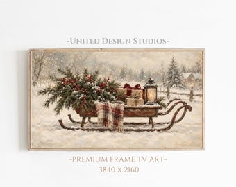 Christmas Frame TV Art, Rustic Holiday Sled Painting, Vintage Christmas Art, Digital Download