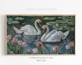 Frame TV Art Spring Swan Art, Neutral Summer TV Art, Oil Painting of Swans, Spring Farmhouse Art, White Aesthetic, Frame TV Art Download