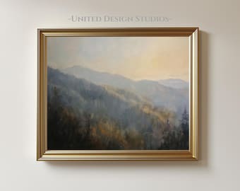 Mountain Landscape Oil Painting Print, Moody Mountain Sunset Nature Art, Fall Landscape Printable Wall Art, Farmhouse Printable Wall Art