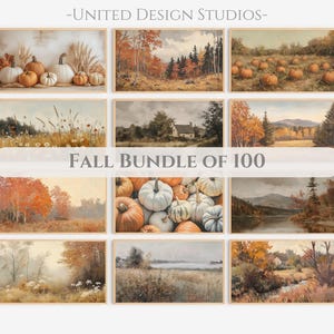 May include: A collection of 100 digital art prints titled UNITED DESIGN STUDIOS and FALL BUNDLE OF 100. The images feature autumn landscapes, pumpkin patches, forests, and fields in shades of orange, brown, beige, and muted green tones.