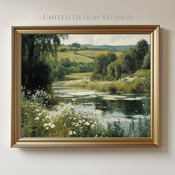 Countryside Landscape Printable Art, Wildflower Meadow River Scene, Pastoral Wall Decor, Summer Nature Painting for Home Download