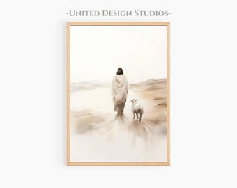 Modern Christian Art of Jesus with Sheep Printable Art, Jesus Leaves The 99 Christian Artwork, Bible Sketches, Jesus Loves You
