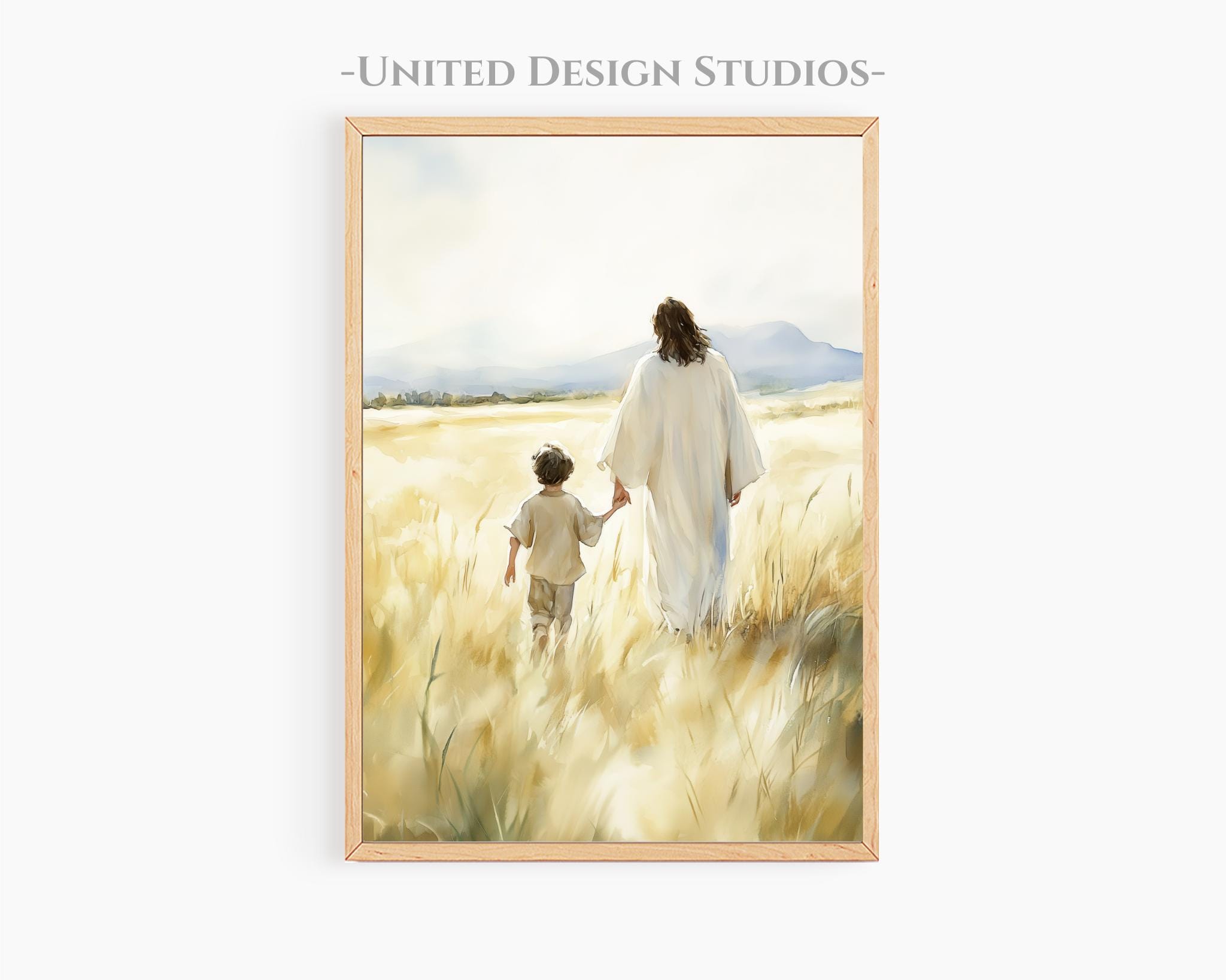 Jesus With Child Printable Art, Christian Wall Art, Jesus Walking with Woman, Jesus and Girl Art, Bible Art, Faith Art | Christian Painting