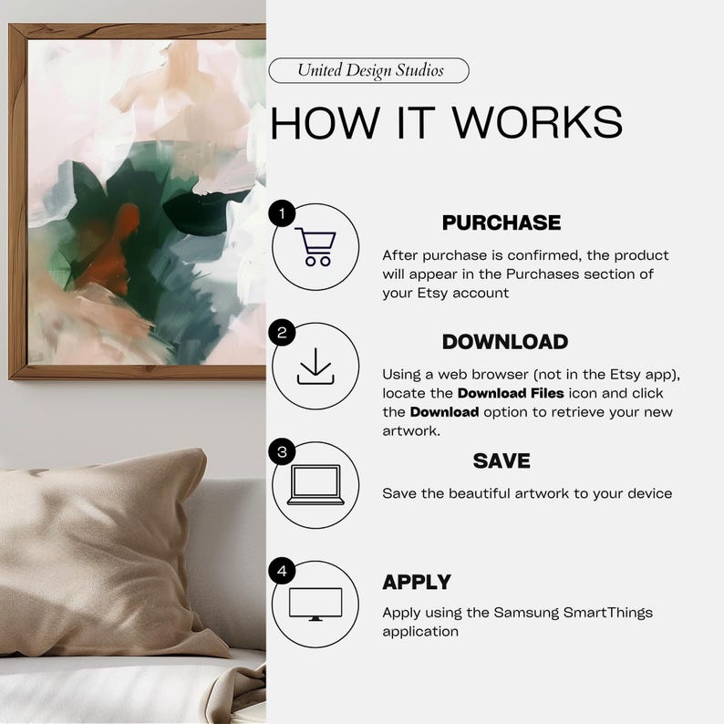 May include: A graphic illustration showing how to purchase, download, save, and apply artwork using the Samsung SmartThings app. The illustration includes icons for each step, such as a shopping cart, a download arrow, a computer screen, and a television screen.