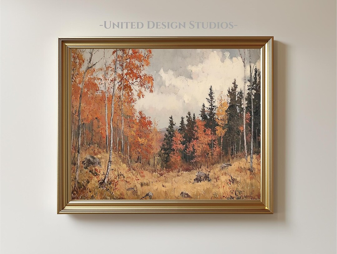 Fall Forest Printable Wall Art, Rustic Autumn Trees With Golden Leaves ...