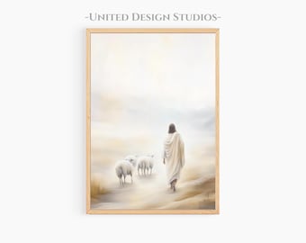 May include: A painting of a man in a white robe walking through a misty field with a flock of white sheep. The man is walking towards a bright light in the distance. The painting is framed in a light wood frame.