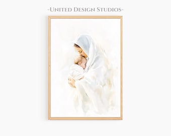 Virgin Mary Holding Baby Jesus Printable Christian Artwork, Modern Christian Art Digital Download, Christian Artwork, Jesus Loves You