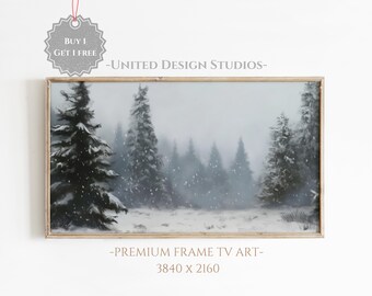 Cuadro de bosque invernal para Samsung, arte para TV con marco, arte de pinos nevados, arte de TV con paisaje invernal, arte de TV con marco de granja invernal