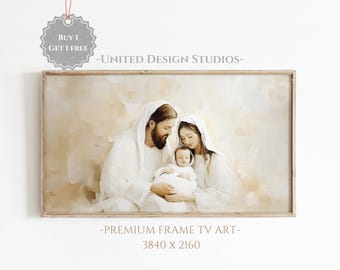 May include: A painting of a family with a man, woman, and baby. The man and woman are wearing white robes and the baby is wearing a white gown. The painting is set against a light brown background.