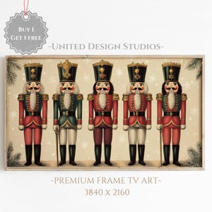 May include: Five vintage-style nutcracker figurines stand in a row against a white background. They are all wearing red and green uniforms with gold accents. The nutcrackers are surrounded by green pine branches and snowflakes.