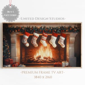 May include: A framed Christmas scene with a fireplace and stockings hung on the mantle. The fireplace has a roaring fire and the stockings are red and white with a festive design. The image is 3840 x 2160 pixels.