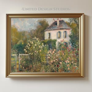 Spring Garden House Oil Painting Printable, Floral Landscape Wall Art, Cottage Garden Decor, Country Flower Artwork, Digital Download