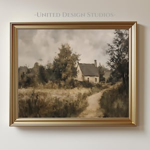May include: A framed sepia-toned landscape painting. The artwork depicts a rural scene with a small house, a winding path, and trees under a cloudy sky. The frame is gold-colored and rectangular. The text "-UNITED DESIGN STUDIOS-" is at the top.