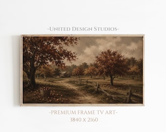 Fall Frame TV Art, Vintage Autumn Apple Orchard Landscape, Moody Cottagecore Art, Digital Download