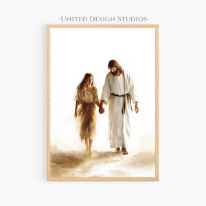 Jesus Walking With Woman Printable Art, Neutral Jesus Painting, Modern Christian Art Jesus With Girl, Jesus Painting, Come Follow Me