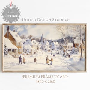 Frame Tv Winter Art, Neutral Winter Town Watercolor Painting Frame Tv, Winter Village Christmas Frame Tv Art, Farmhouse Winter Frame Tv Art
