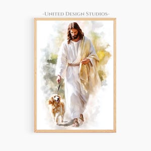 Jesus Walking With A Dog In Heaven Printable Art, Painting of Jesus With A Dog Modern Christian Art, Jesus with Animals, Christian Artwork