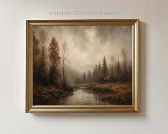 Vintage Fall Landscape Print, Moody Autumn Forest Cabin Art, Digital Download