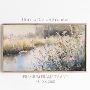 Summer Stream Frame TV Art, Watercolor Wildflower Landscape Painting, Soft Nature Botanical Scene, Cottagecore Digital Art for TV Display