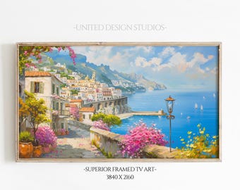 Amalfi Coast Frame TV Art, Seaside Village Landscape, Coastal Italian Town, Digital Download for Frame TV, Mediterranean Decor