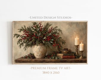 Christmas Frame TV Art, Vintage Holiday Still Life Painting, Moody Winter Art, Digital Download