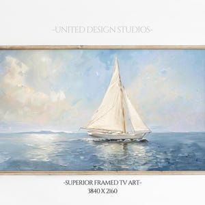 Coastal Sailboat FRAME TV Art, Summer Frame TV Art, Seascape Ocean Painting, Blue Nautical Ocean Summer Screensaver, Beach House Decor