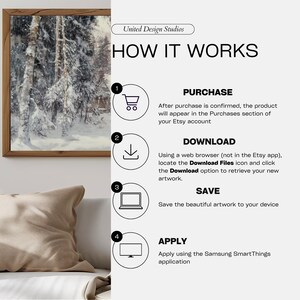 May include: A white background with black text explaining how to purchase, download, save, and apply artwork using the Samsung SmartThings app. The text includes the words "Purchase", "Download", "Save", and "Apply".