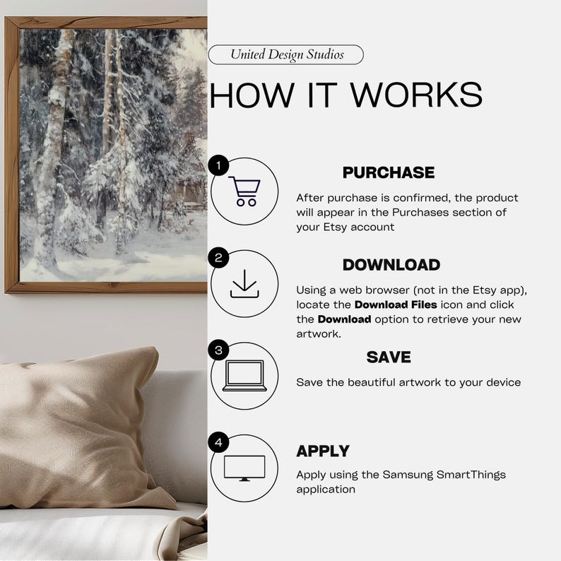 May include: A white background with black text explaining how to purchase, download, save, and apply artwork using the Samsung SmartThings app. The text includes the words "Purchase", "Download", "Save", and "Apply".