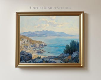 Mittelmeerküste Ölgemälde druckbare, Küstenstrand Wandkunst, Blaues Meer Landschaftsdekor, Sommerkunstwerk