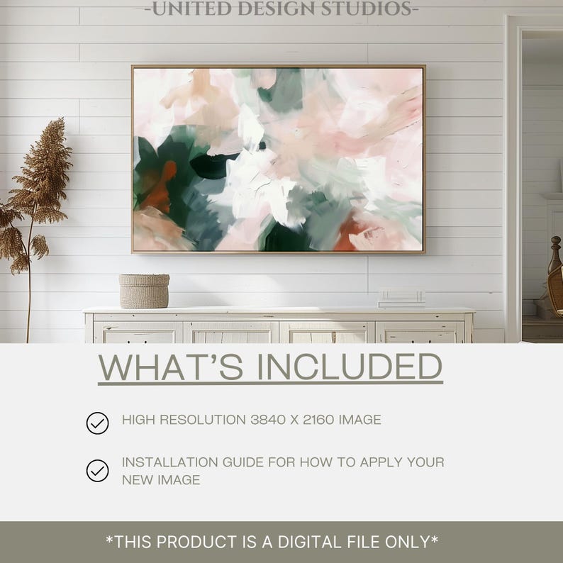 May include: A digital download of an abstract painting in shades of pink, green, and brown. The painting is in a digital frame and is displayed on a white shelf with a basket on the shelf. The text "WHAT'S INCLUDED" is below the image, followed by a list of what is included in the download. The text "*THIS PRODUCT IS A DIGITAL FILE ONLY*" is at the bottom of the image.