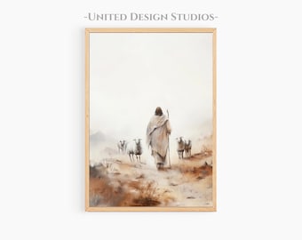 May include: A watercolor painting of a man in a white robe walking with a staff, followed by a flock of white sheep. The painting has a soft, muted color palette and a hazy background.