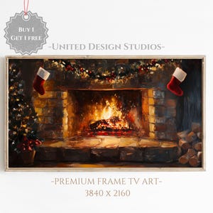 May include: A painting of a fireplace with a roaring fire and Christmas stockings hanging on the mantle. The fireplace is decorated with a garland of greenery and red berries. The painting is framed in a light wood frame.