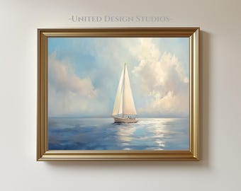 Coastal Sailboat Art Print, Ocean Sky Nautical Landscape (Digital Download)