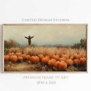 May include: A painting of a scarecrow standing in a field of pumpkins. The scarecrow is wearing a brown hat and a brown jacket. The pumpkins are orange and are scattered across the field. The background is a hazy blue sky.
