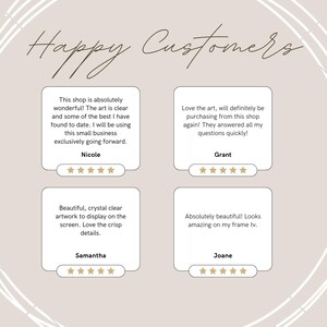 May include: Five customer reviews with five-star ratings for an online shop selling digital art prints. The reviews highlight the quality of the art, the clarity of the images, and the excellent customer service.