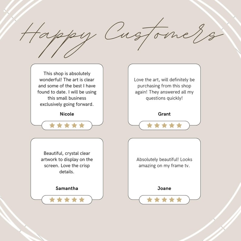 May include: Five customer reviews with five-star ratings for an online shop selling digital art prints. The reviews highlight the quality of the art, the clarity of the images, and the excellent customer service.