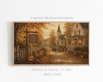 Fall Frame TV Art, Halloween Village Painting, Moody Autumn Art, Digital Download