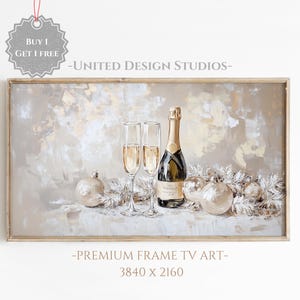 Pode incluir: Uma pintura emoldurada que representa uma garrafa de champanhe e duas ta&ccedil;as de champanhe com ornamentos brancos e dourados sobre um fundo branco. A pintura &eacute; intitulada "Premium Frame TV Art" e tem uma resolu&ccedil;&atilde;o de 3840 x 2160.