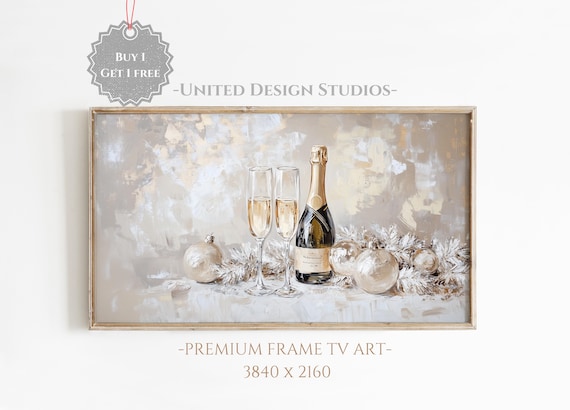 Frame Tv Art NYE Champagne Glasses, New Years Eve Celebration Tv Screensaver, Frame Tv art new years drinks gold beige, NYE Party Tv Art