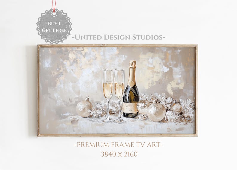 Pode incluir: Uma pintura emoldurada que representa uma garrafa de champanhe e duas ta&ccedil;as de champanhe com ornamentos brancos e dourados sobre um fundo branco. A pintura &eacute; intitulada "Premium Frame TV Art" e tem uma resolu&ccedil;&atilde;o de 3840 x 2160.