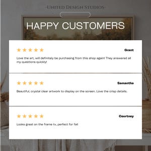 May include: Five-star reviews for a digital art print. The reviews highlight the quality of the artwork, the speed of customer service, and the overall satisfaction of the customers.