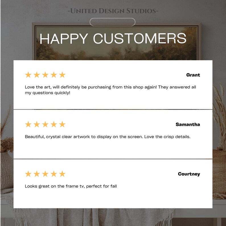 May include: Five-star reviews for a digital art print. The reviews highlight the quality of the artwork, the speed of customer service, and the overall satisfaction of the customers.