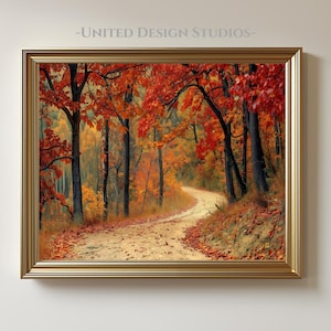 Fall Forest Path Printable Wall Art, Autumn Trees in Red and Gold, Seasonal Foliage Landscape, Country Farmhouse Fall Wall Art