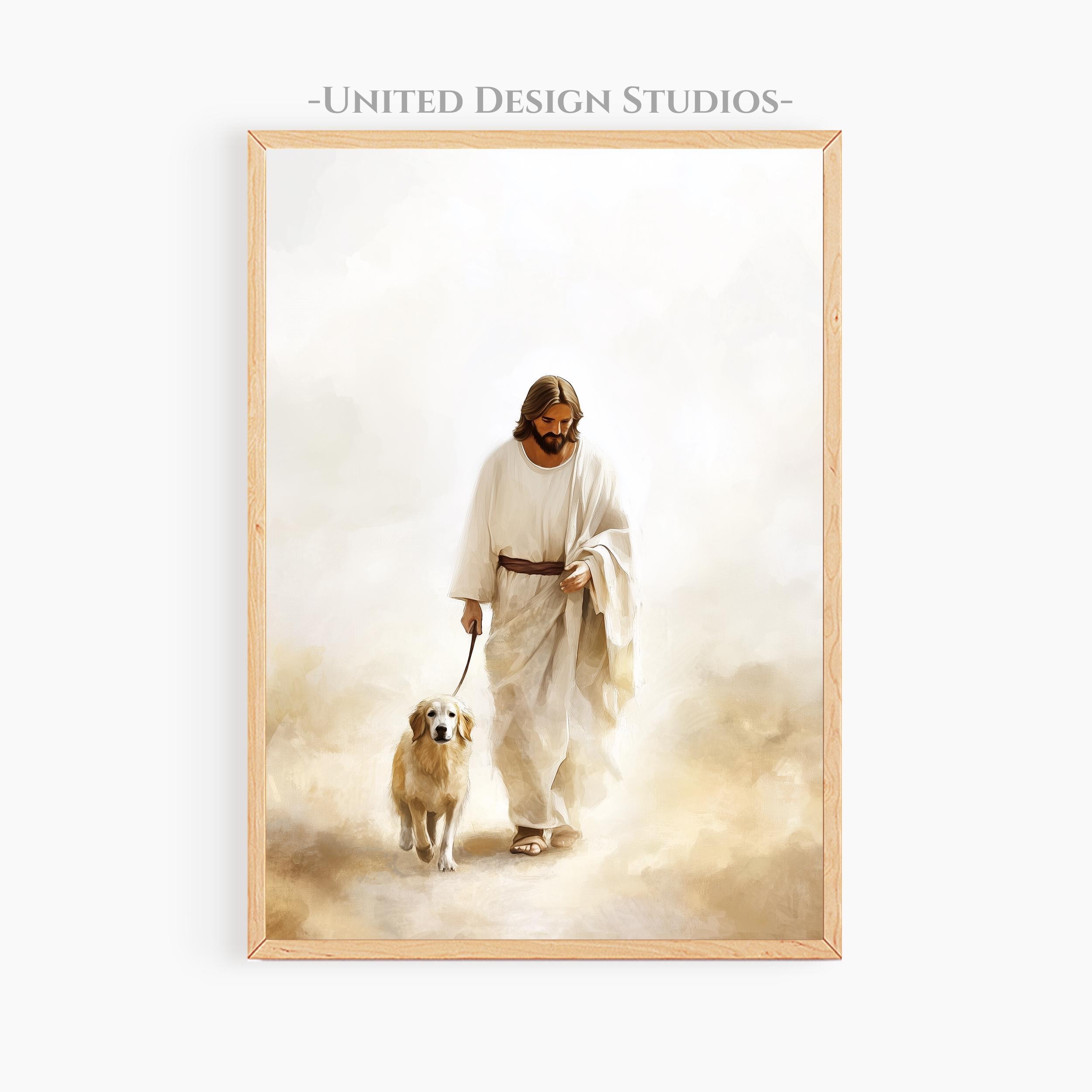 犬と歩くイエスのプリントアート、動物たちとイエス、ペットの悲しみ