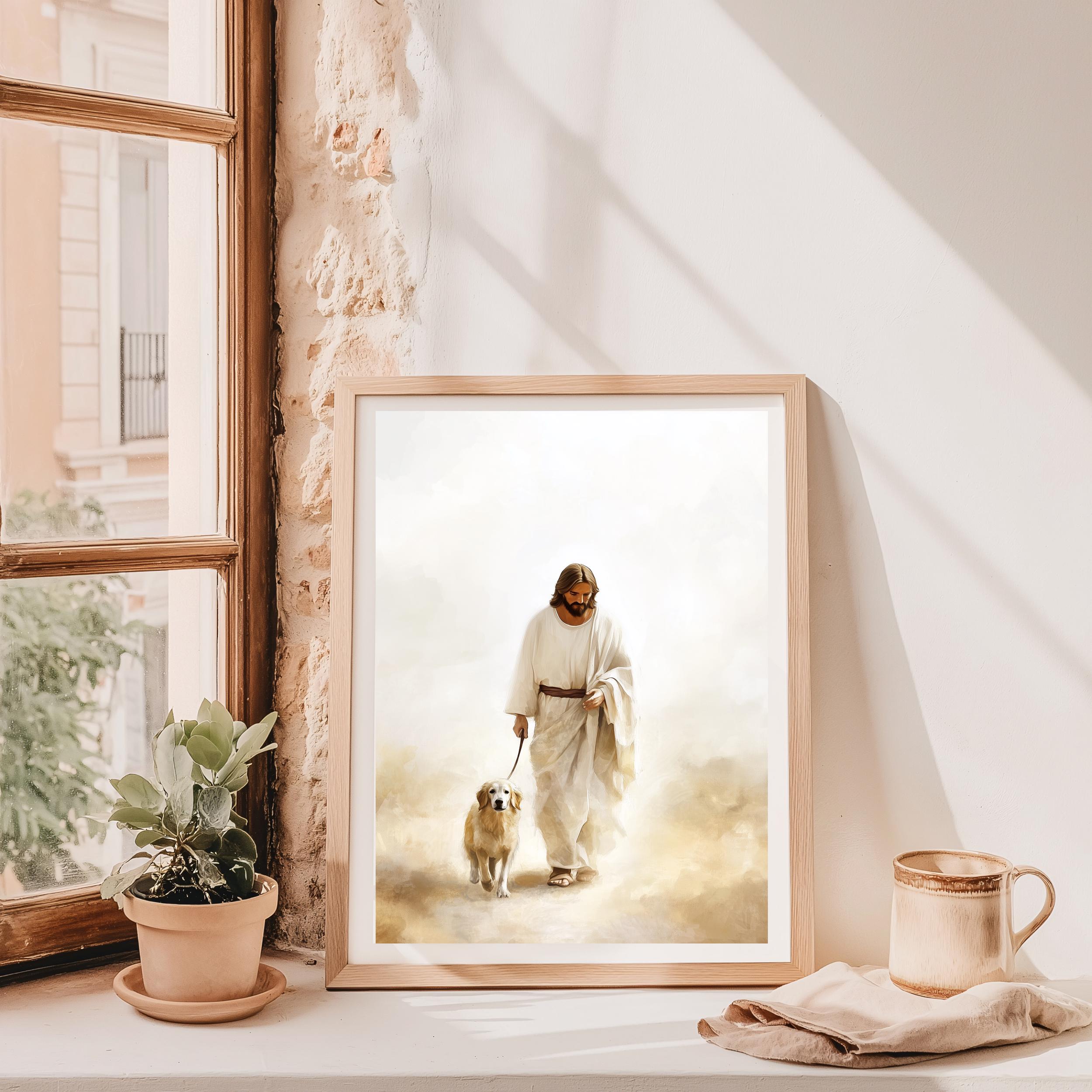 犬と歩くイエスのプリントアート、動物たちとイエス、ペットの悲しみ