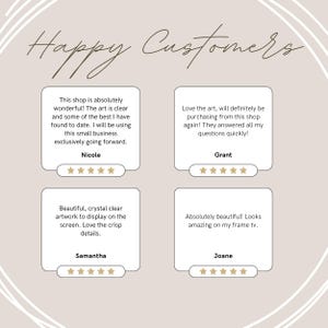 Puede incluir: Cuatro rese&ntilde;as de clientes con cinco estrellas para una tienda que vende impresiones de arte digitales. Las rese&ntilde;as destacan la calidad del arte, la claridad de las im&aacute;genes y la excelente atenci&oacute;n al cliente.