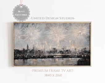 Quadro para TV com fogos de artifício de Ano Novo, paisagem urbana festiva (Download Digital)