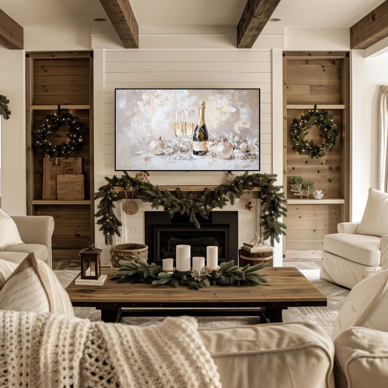 Pode incluir: Uma sala de estar com uma lareira decorada com uma guirlanda de vegeta&ccedil;&atilde;o. Uma televis&atilde;o acima da lareira exibe uma pintura de uma garrafa de champanhe e duas ta&ccedil;as. Uma mesa de centro em frente &agrave; lareira &eacute; decorada com um centro de mesa de vegeta&ccedil;&atilde;o e velas.