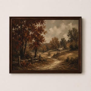 Fall Countryside Print, Vintage Autumn Landscape Painting, Farmhouse Wall Art, Digital Download